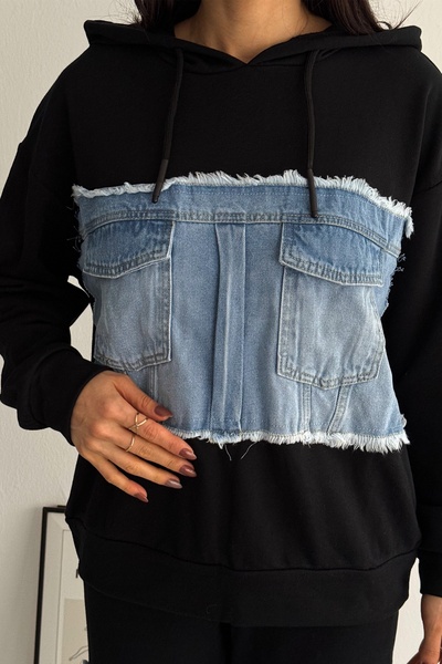 FEMELLE Women's Black Denim Striped Pocket Detailed Hooded Denim Bottom Top Set