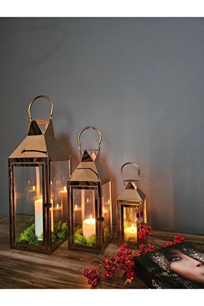 EVİMTATLIEVİM Rosegold Paslanmaz Çelik Üçlü Mumluk Fener Seti