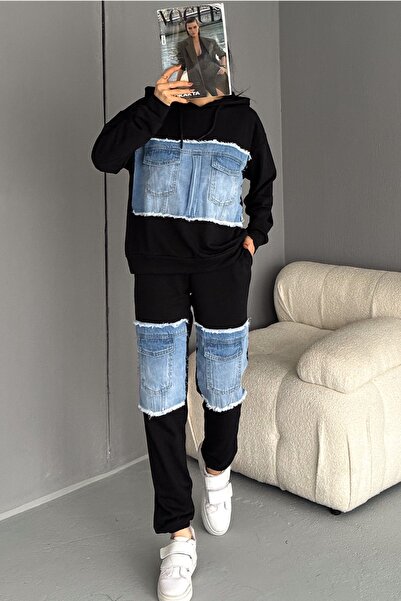 FEMELLE Women's Black Denim Striped Pocket Detailed Hooded Denim Bottom Top Set