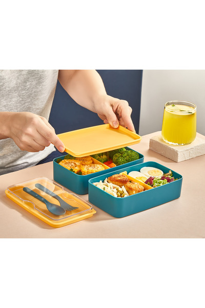 MHK Collection 2-Tier Storage Container with Adjustable Compartments and Fork and Spoon (Yellow Lid)