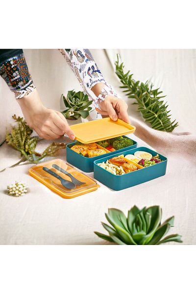 MHK Collection 2-Tier Storage Container with Adjustable Compartments and Fork and Spoon (Yellow Lid)