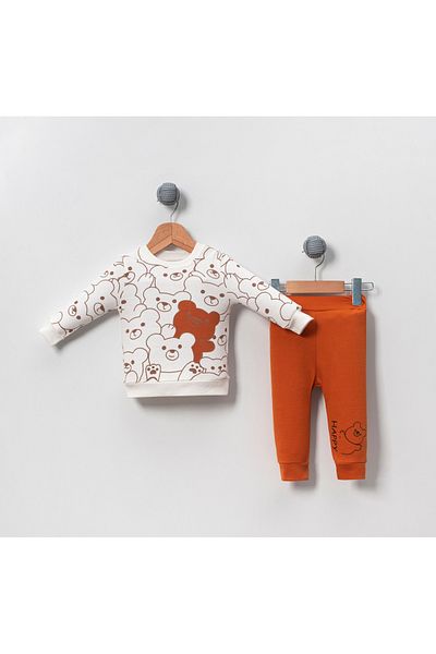 Bubito Happy Bear Visual Unisex Combed Cotton 2-Piece Top and Bottom Set-cinnamon