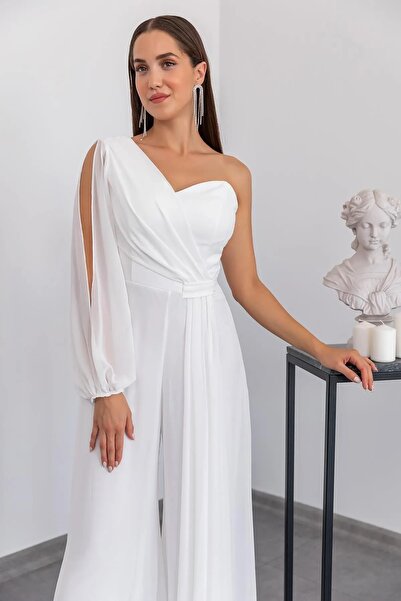 WOMAN VISION Salopetă albă cu o singură mânecă, căptușită cu șifon, drapată, cu picior lat, cu căptușeală la piept, 1336