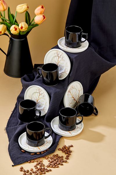 Erbaşlar Fall Black 12 Piece Luxury Ceramic Coffee Cup Set, Turkish Coffee Cup