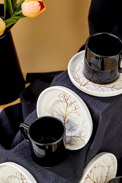 Erbaşlar Fall Black 12 Piece Luxury Ceramic Coffee Cup Set, Turkish Coffee Cup