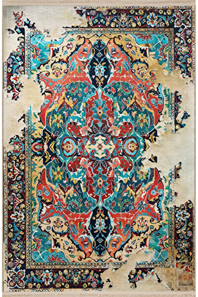Rugs Modern Halı Mavi Temalı Çok Renkli Soyut Geleneksel Motif Desenli Kreati...