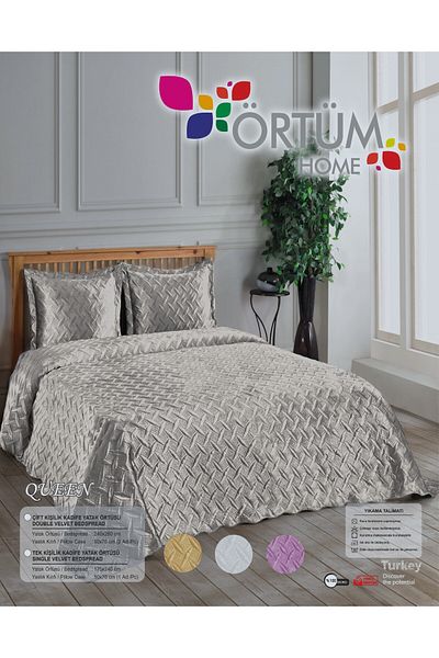 Örtüm Queen Velvet Double Bedspread - Cream