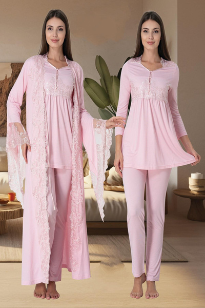 Lohussa Kadın Pudra Tasarım Prenses Kollu Pamuklu Hamile Lohusa Sabahlık Pijama Takımı Set