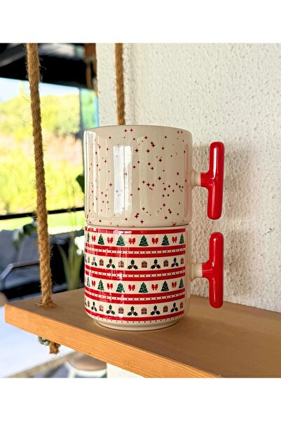Pan Dükkan Set of 2 Christmas New Year Themed Red T Mugs