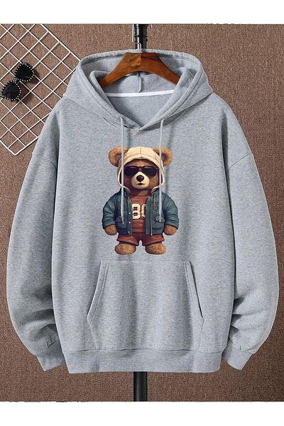 SUNFREE Суитшърт с качулка и принт 80 Bear - сив, голям размер, дебел