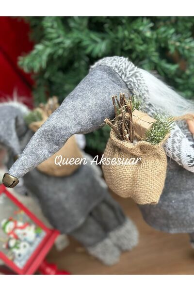 QUEEN AKSESUAR Yılbaşı ithal lüks büyük kürklü geyikli örgü kazaklı gri beyaz Noel baba dekroasyon heykel biblo süs