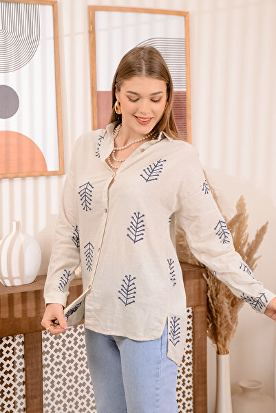 ERTULTEXTILE Kadın Nakış Işlemeli Salaş Kalıp Keten Pamuk Gömlek