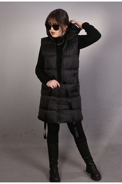 ÖNDER MODA Дамска черна водоустойчива и ветроустойчива сезонна жилетка с качулка - 118_YLK