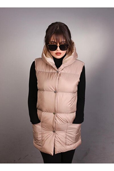ÖNDER MODA Γυναικείο μπεζ αδιάβροχο και αντιανεμικό εποχιακό γιλέκο με κουκούλα - 97_YLK