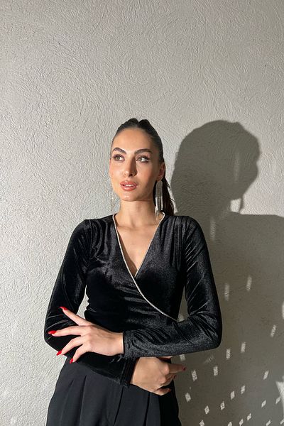 Seda Yalçın Atelier Black Double Breasted Collar Stone Detailed Velvet Bodysuit