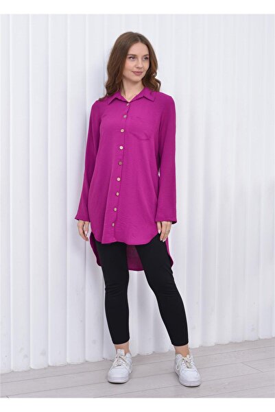 Nuseel Kadın Uzun Önden Düğmeli Aerobin Tunik Gömlek Gül Kurusu