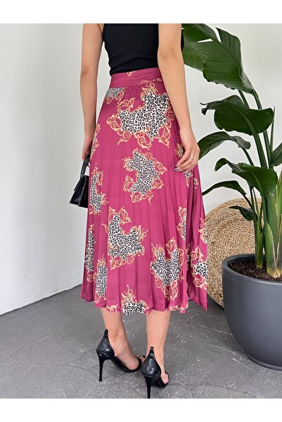 Modamorfo Patterned Pleated Zippered Satin Skirt