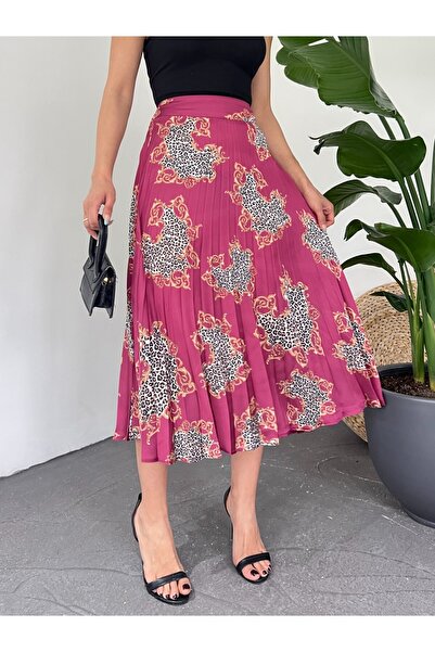 Modamorfo Patterned Pleated Zippered Satin Skirt