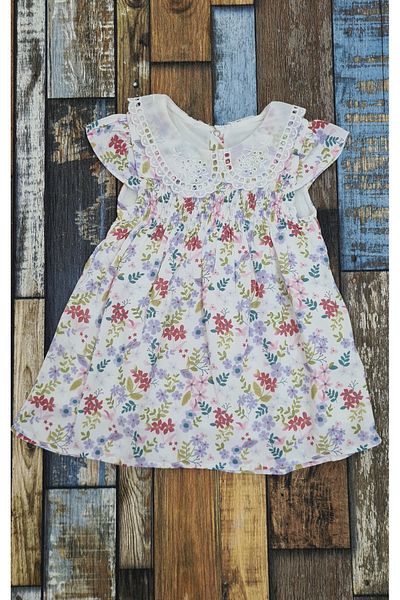 Esterella baby girl scallop neck viscose dress/moon sleeve gusseted floral baby dress/scallop collar dress