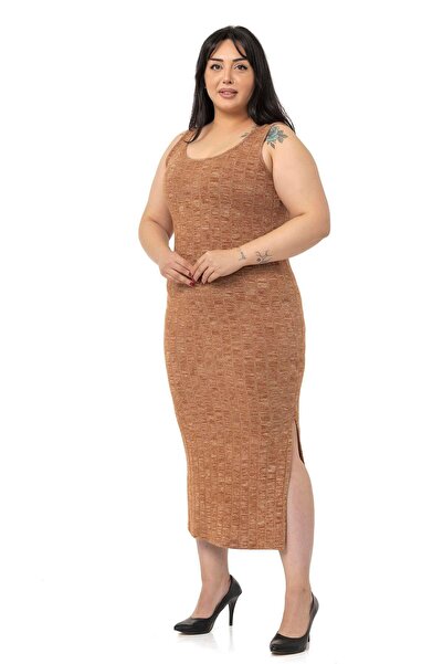 DISENTIS MODEST Plus Size Knitwear Dress Blouse Brown Double Set