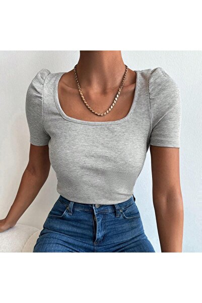 ESPİNA Γυναικεία τετράγωνη λαιμόκοψη κοντομάνικη μπλούζα-σώμα γκρι