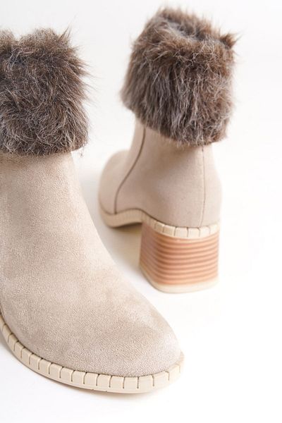 Joy Woman İNKA Zippered Orthopedic Sole Water and Cold Resistant Hairy Heeled Suede Women's Boots KT Cream