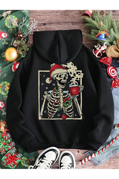 NİCE Πρωτοχρονιάτικη διασκέδαση: Φούτερ Unisex K με κουκούλα με σκελετό που γιορτάζει την Πρωτοχρονιά B με τύπωμα