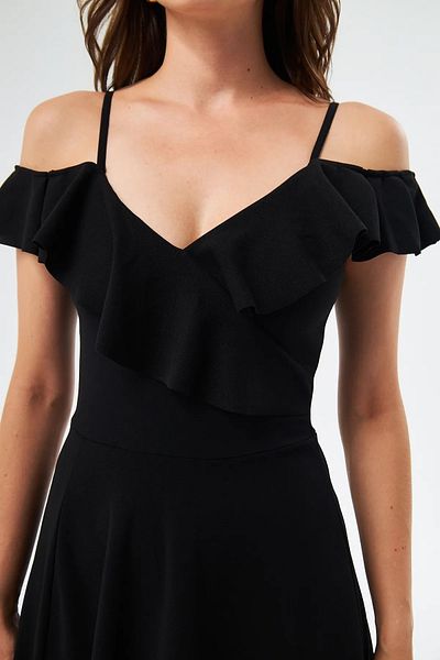 WOMAN VISION Rochie neagră pentru femei, cu design cu guler, cu fantă flexibilă din țesătură creponată pentru piept582190