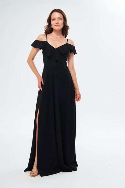 WOMAN VISION Rochie neagră pentru femei, cu design cu guler, cu fantă flexibilă din țesătură creponată pentru piept582190