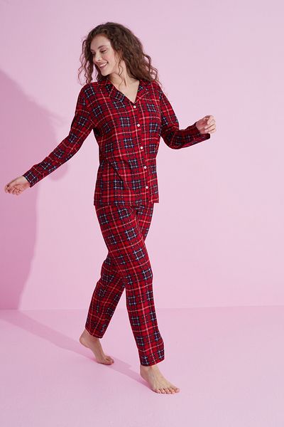 Siyah İnci red plaid New Year's patterned Buttoned Suede Pajama Set