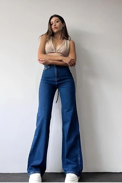 DRC trend Pantaloni largi din lycra albastru închis Kermbrsn cu talie super extra înaltă Palazzo