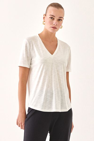 Perspective Billys Regular Fit V-neck Standard Size Ecru Color Women's T-Shirt