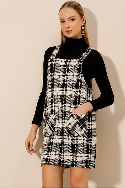 HAKKE Women's Tweed Plaid Patterned Winter Strap Salopet Dress