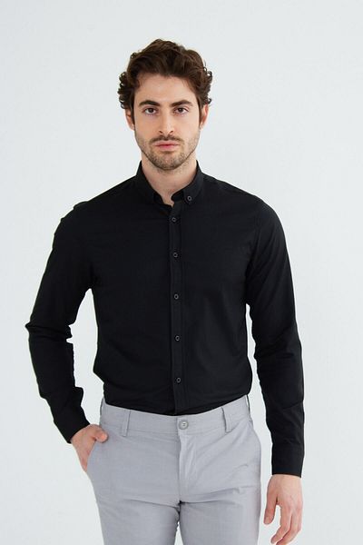 RAVANELLI Cămașă neagră Slimfit Bumbac Oxfort Lycra Guler cu mânecă lungă cu nasturi G490