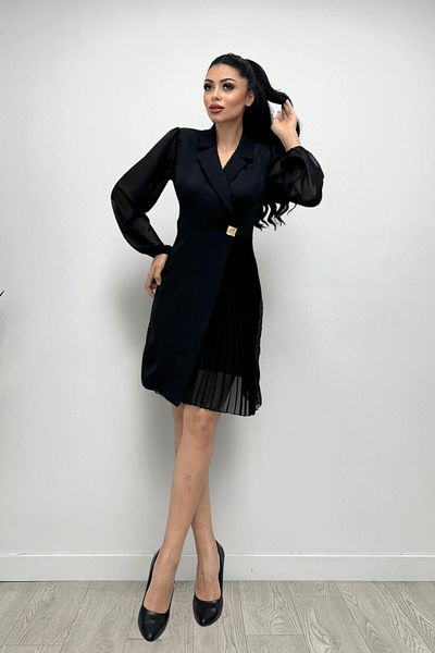 giyimmasalı Double Fabric Pleated Jacket Dress - BLACK