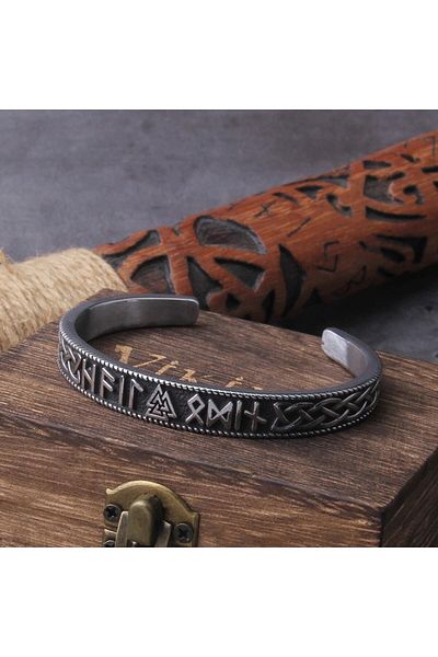 Viking Thor Mjollnir Valknut Runic Inscription Scandinavian Motif Handcuff Open Men's 316l Steel Bracelet