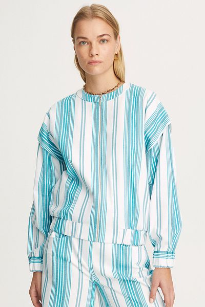 Perspective Finlay Comfortable Fit Crew Neck Standard Size Striped Patterned Turquoise Color Women's Coat