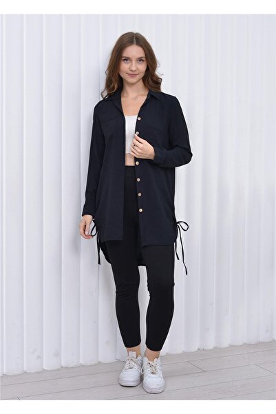 Nuseel Kadın Yandan İp Detaylı Aerobin Tunik Gömlek Siyah