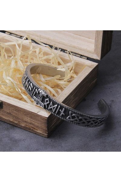 Viking Thor Mjollnir Valknut Runic Inscription Scandinavian Motif Handcuff Open Men's 316l Steel Bracelet