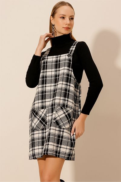 HAKKE Women's Tweed Plaid Patterned Winter Strap Salopet Dress