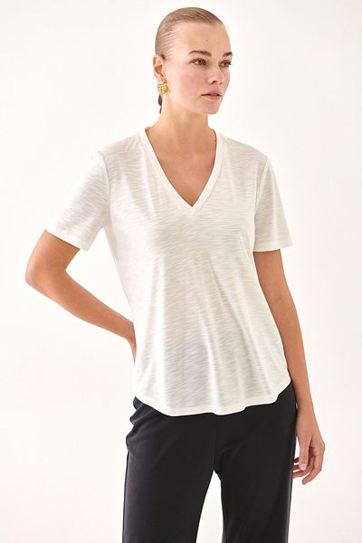 Perspective Billys Regular Fit V-neck Standard Size Ecru Color Women's T-Shirt