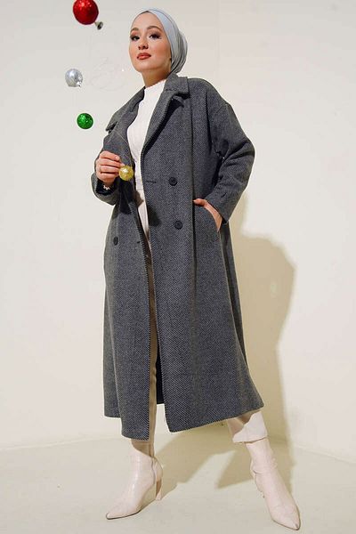 Bigdart 9113 Oversize Wide Cut Woolen Long Cashmere Coat - Smoked