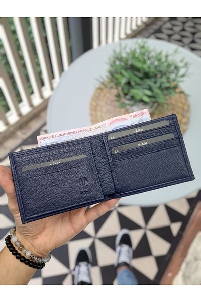 Visso leather Portofel clasic pentru bărbați Visso 262 din piele naturală cu compartiment dublu de identificare Culoare bleumarin