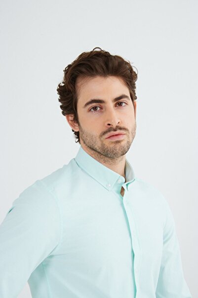 RAVANELLI Mint Green Slimfit Cotton Oxfort Lycra Collar Buttoned Long Sleeve Men's Shirt G490