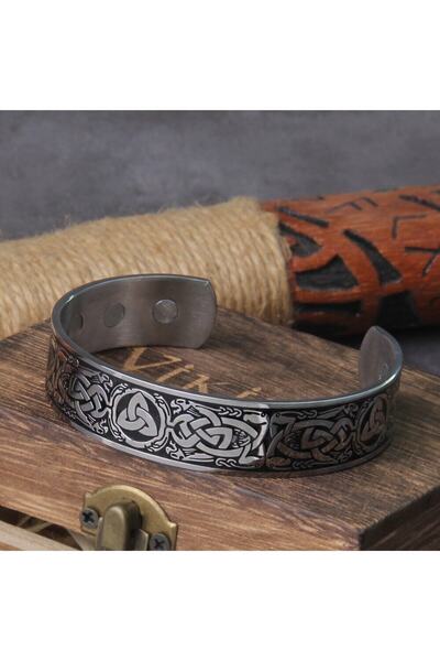 Viking Tree of Life Triquetra Scandinavian Motif Clamp Adjustable 316l Men's Steel Bracelet