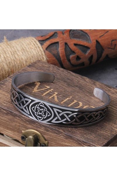 Viking Tree of Life Triquetra Scandinavian Motif Clamp Adjustable 316l Men's Steel Bracelet