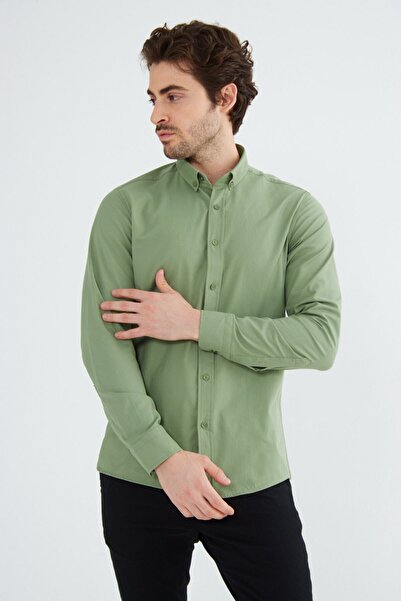 RAVANELLI Khaki Slimfit Cotton Oxfort Lycra Collar Buttoned Long Sleeve Men's Shirt G490