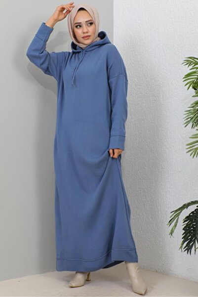 benguen 2442 Modré úpletové šaty s kapucí