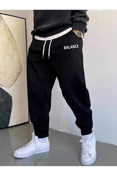 Boi Ανδρικό χειμερινό μαύρο φούτερ Oversize - Shardon Jogger, 3 κλωστές ελαστικό πόδι, εμπριμέ κείμενο Balance