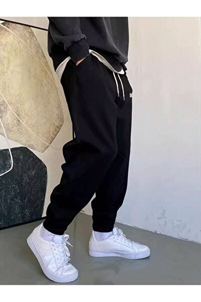 Boi Чоловічі оверсайз чорні зимові штани - джоггери з шардоном, 3-ниткові еластичні штанини, напис Balance